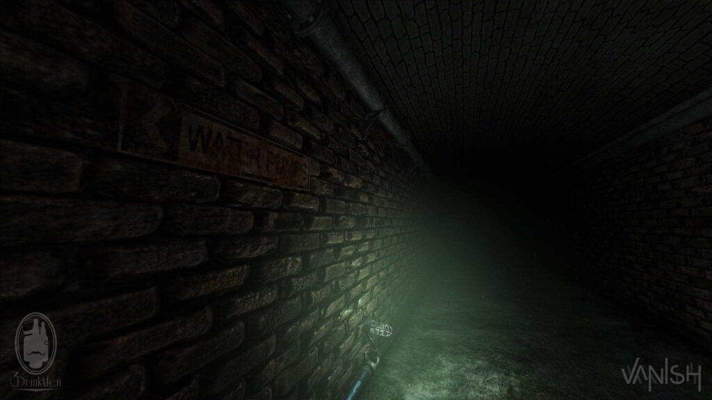 Looking down a brick tunnel into the darkness close to a bright glowing green industrial light, next to a rusty sign that says "Water Pumps" and an arrow pointing the opposite direction