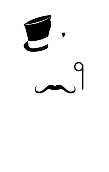 Logo for 3DrunkMen, 3 glass bottles surrounded by an oval stacked in a triangular pattern. The left most wearing a top hat, the middle a mustache, and the right a monocle. Below it saying "3DrunkMen"